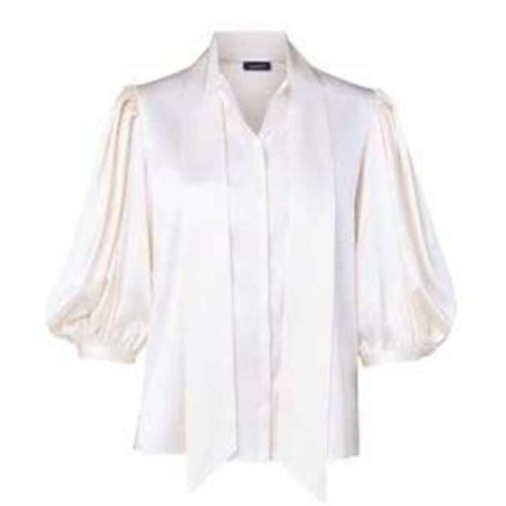Akris 100% Silk Button Down Blouse W/Tie & Voluminous Sleeves In Ecru - FCM36